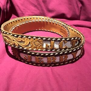 Custom Brown/white Leather Belt by Ellen Lewis with Personalized Detailing